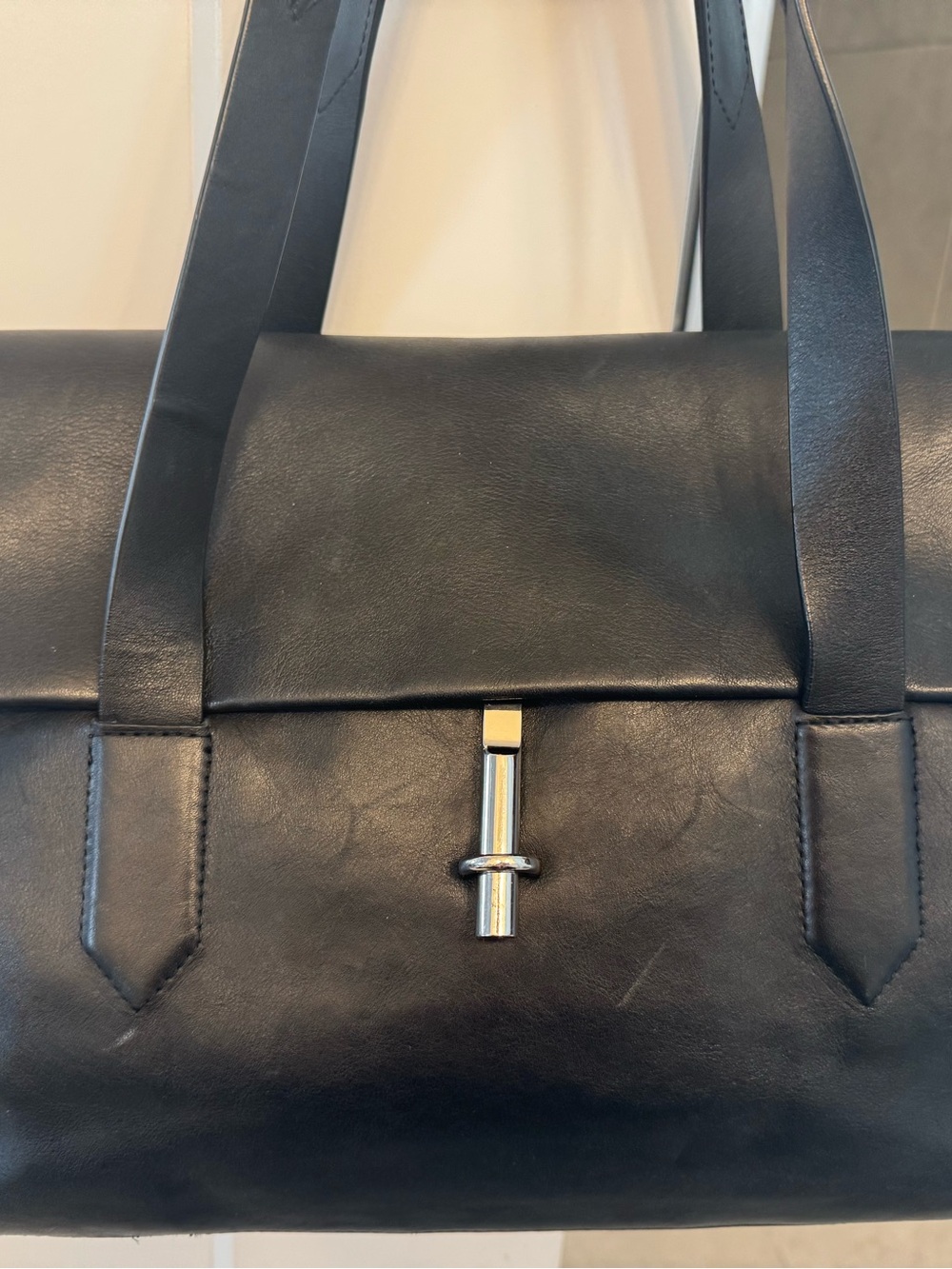 Black Leather Shoulder Bag with Silver Accent
